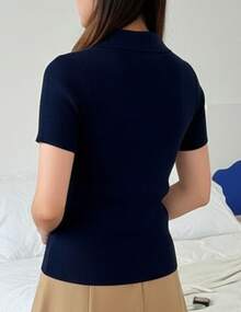 Women's Polo Shirt, Short Sleeve Knit, Casual Fashion, Knit T-Shirts - 藏蓝色 - 查看 2