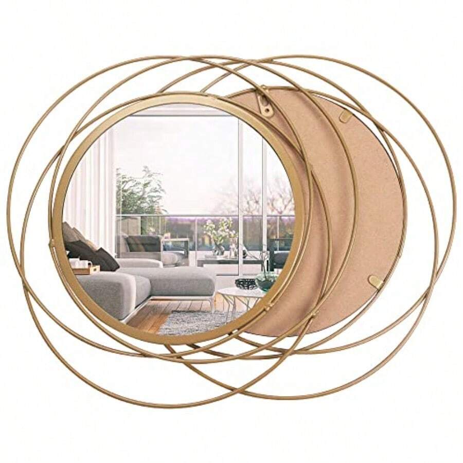 MX Juego de 2 Espejos Circulares Dorados Espejo Colgante de Hierro Dorado Espejo Redondo para Decoración del Hogar Espejo de Metal Espejo Colgante para Sala de Estar Espejos de Pared Salón - Dorado - Ver 1