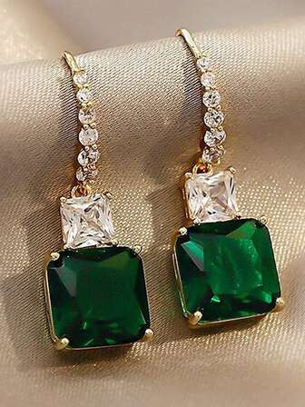1 Pair Emerald Green Geometric Square Rhinestone Earrings, Elegant & Versatile Fashion Earrings For Women