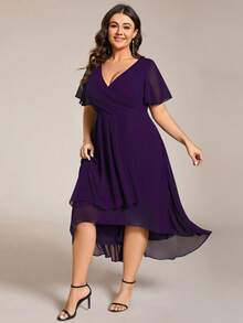 EVERPRETTY Vestido de Dama de Honor Talla Grande de Gasa con Volantes, Color Contrastante y Bajo Asimétrico - Morado - Ver 5