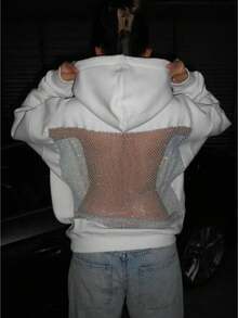 Womens Hooded Sweatshirt Long Sleeve Solid Color Casual Tops With Sparkling Mesh Panel - White - View 1