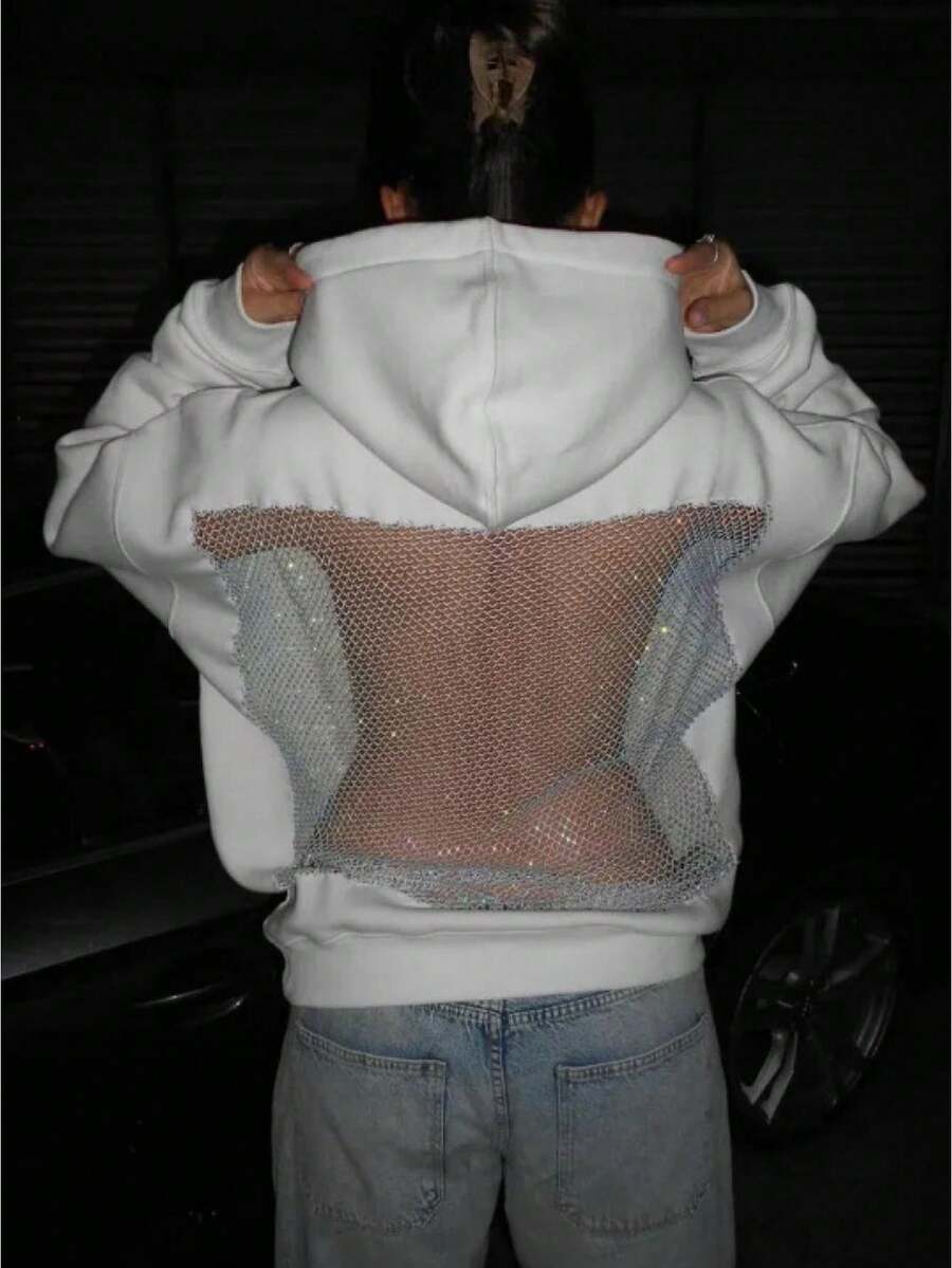 Womens Hooded Sweatshirt Long Sleeve Solid Color Casual Tops With Sparkling Mesh Panel - White - View 1