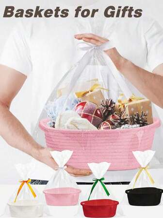 1 pieza Cesta de regalo de 30 cm con asa trenzada de cuerda, cesta de regalo para aperitivos y juguetes, cesta de almacenamiento ovalada multifuncional para cosméticos y artículos de tocador, cesta de almacenamiento tejida a mano, cesta de almacenamiento para regalos con bolsas y cintas, para regalos del Día de San Valentín, regalos de Año Nuevo, almacenamiento de la sala de estar, almacenamiento del dormitorio, decoración del hogar.