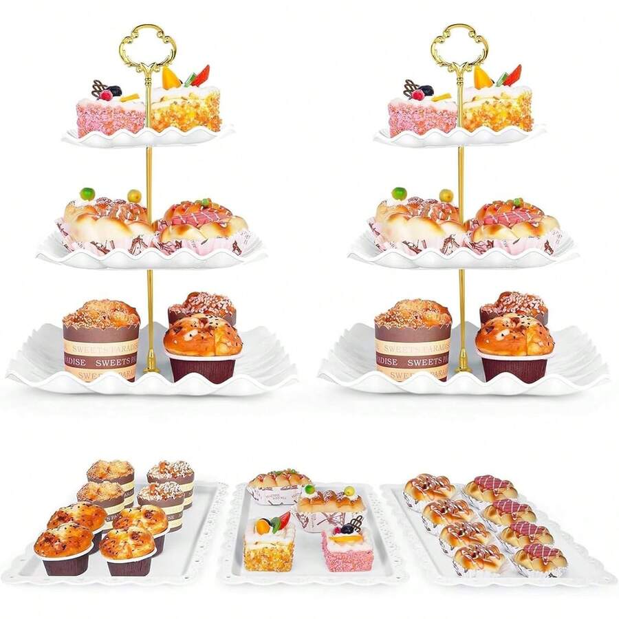 5 Piezas Soportes para Pastelitos,Torre para Cupcakes de 3 Niveles y Bandeja para Galletas,Juego de Decoración para Mesas de Postres para Bodas,Fiestas de Té,Cumpleaños y Baby Showers - Rosa - Ver 1