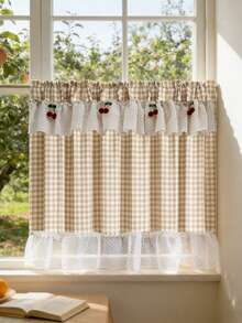 1pc Elegant Farmhouse Style Plaid Pattern Linen Short Curtain, Decorated With White Lace Ruffle And Red Cherry Pattern, Coffee Curtain Valance, Suitable For Kitchen And Bathroom Windows, Rod Pocket Top - Beige - View 5