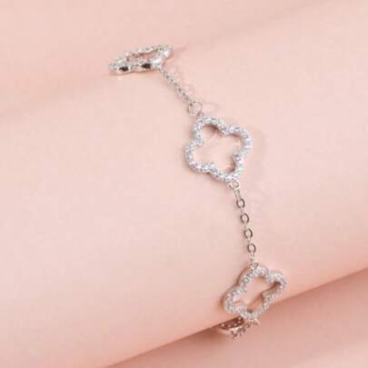 1pc Fashionable Women's Bracelet With Lucky Four-Leaf Clover Design, Inlaid With Cubic Zirconia, Ideal Gift For Valentine's Day, Birthday, Mother's Day, Girlfriend, Daughter