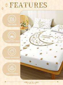 1pc Super Soft Ramadan Bedsheet, Mattress Protector, Bed Cover, Comfortable Home Textile, Golden Eid Celebration, Lightweight Bedding, Ramadan Blessings, Crescent Moon Pattern