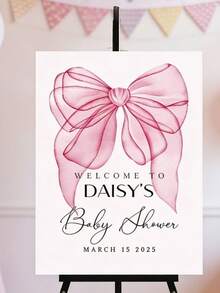 Personalized Baby Shower Welcome Sign - Pink Bow And "Welcome To Daisy's Baby Shower" Text - Frameless Canvas Poster - Elegant Cursive Font - Birthday, Christmas Decor - Gift For Mom, Family - Easy To Hang - Perfect For Home - Multicolor - View 8