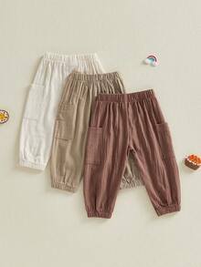 Unisex Baby Pants Pack Of 3 Toddler Boys Joggers Kids Girls Trousers Solid Color Elastic Waist Bottoms Soft Cotton Cargo Pants Casual Trousers - 紅棕色 - 查看 2