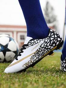 All-Season Football/Soccer Shoes, For Teenagers, Campus Students, Sports, Football Training, Football Match, Long Studs Anti-Slip (Asymmetrical Camouflage Pattern On Shoe Upper, Asymmetrical Tongue) - White - View 10
