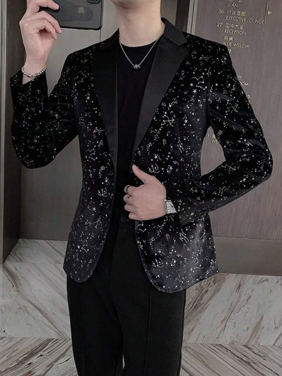 Men's Starry Sky Casual Suit Jacket, Men's Personality Shining, Stage Performance Suit - Black - View 1