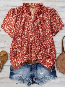 Women's Vacation Floral Print Woven Fabric Ruffle Trim Button Up Collar Shirt Ladies Blouse Summer Outfits - 彩色 - 查看 1