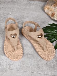 Women's Round Toe Fashion Elastic Band Woven Roman Thong Sandals, Flat Beach Sandals - Rice Love - View 7
