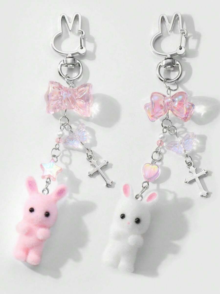 1pc Cute & Elegant Cartoon Minimalist High-Quality Silver Chain Cross Star Bowknot Rabbit Bear Resin Pendant Keychain Suitable For Women Daily Wear Or Gift Keychain Accessories Bag Charm Purse Charm Keyring - Multicolor - View 1