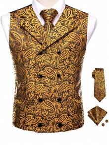 Mens Waistcoat Golden Yellow Paisley Vest Tie Handkerchief Cufflinks Set Tuxedo Gilet Wedding Formal Casual - Vàng - Xem 1