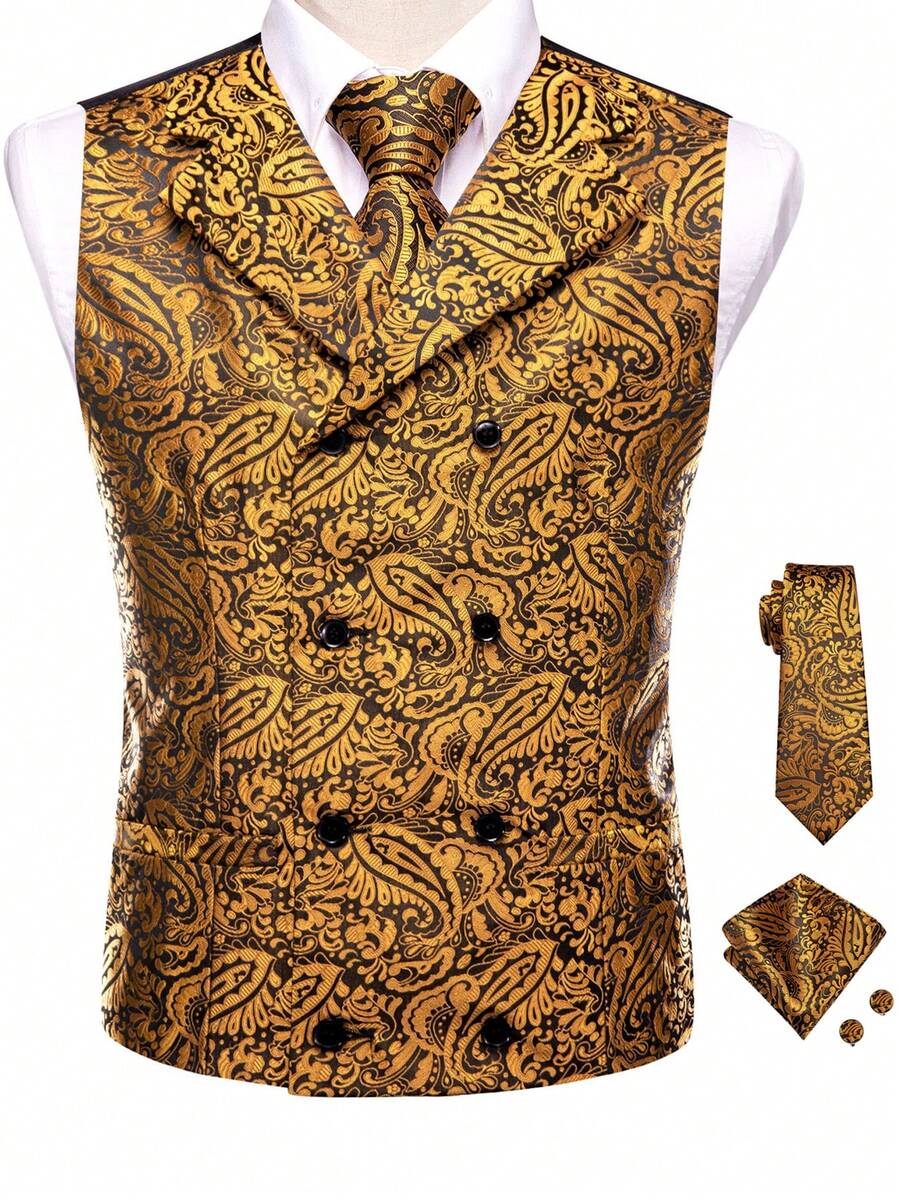 Mens Waistcoat Golden Yellow Paisley Vest Tie Handkerchief Cufflinks Set Tuxedo Gilet Wedding Formal Casual - Vàng - Xem 1