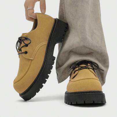 2025 New Men's Black Thick Sole Retro Derby Shoes, Business Commute Elevator Oxford Boots