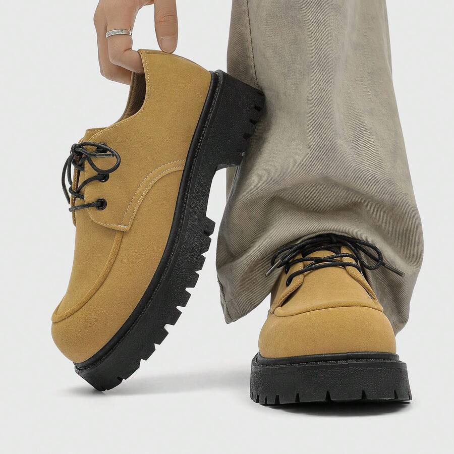 2025新款男士黑色厚底复古德比鞋，商务通勤电梯牛津靴 - 卡其色 - 查看 1