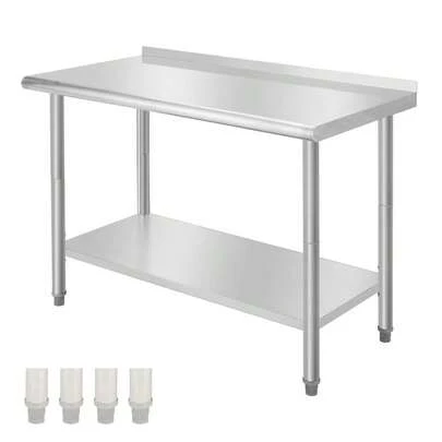 Stainless Steel Table For Prep & Work With Backsplash, Kitchen Heavy Duty Table With Adjustable Under Shelf And Foot For Restaurant, Home And Hotel, 08 Arc Edge 48*24*35inch-Without Casters-With Rear Baffle