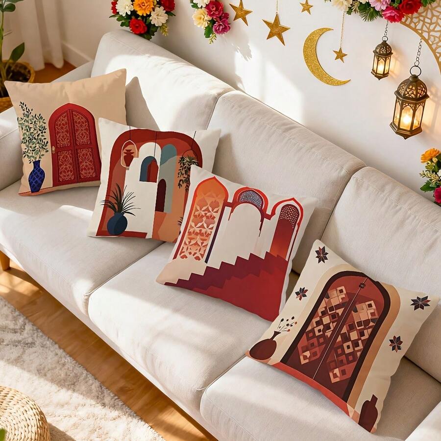 4pcs Islamic Architecture & Floral Pattern Throw Pillow Covers, Single-Sided Printed Cushion Covers, Suitable For Living Room Bedroom Home Decor, All Season - Pillow Inserts Not Included - Multicolor - View 1