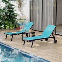 Juego de tumbonas para exterior, 3 piezas, con mesa auxiliar, tumbonas de tela para piscina con respaldo de 5 niveles y ruedas para playa, césped, porche, jardín y terraza, color azul - Azul - Ver 7