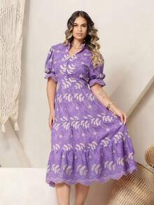 Women's Midi Dress In 3D Lace Fabric With Elastic At The Back, Button Closure At The Front, And Lining. - Lilac Bicolor 3d - View 3