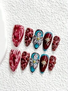 10pcs Gothic Style Nail Art Set, Includes Nail Clips, Red Decorations, Transparent Snake Nail Stickers, Shiny Star Nail Accessories, Dark Theme Nails, Almond Shaped Nail Stickers, Square Nails, Duck Billed Nails, Suitable For Parties And Daily Wear, Comes With Tool Kit (1 Jelly Sticker + 1 Nail File), Great Gift For Women And Cool Girls - Nhiều màu - Xem 3