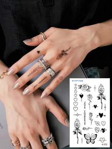 STARTTOOS 1 Sheet Y2K Black Rose, Flame, Thorn, Heart, Arrow, Butterfly Pattern Finger Tattoo Stickers - Black - View 3