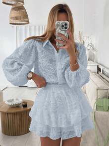 Bộ đồ nữ Vusalt mùa xuân tối giản, phong cách công sở, chất liệu jacquard, mỏng nhẹ, tay dài, cổ bẻ, cài nút, phối cùng chân váy ngắn xếp ly, thích hợp cho ngày Valentine, kỳ nghỉ biển, dã ngoại, các dịp thường ngày. Áo sơ mi trắng phù hợp cho đi làm hàng ngày, công sở, đi học. - Rửa nhẹ - Xem 4