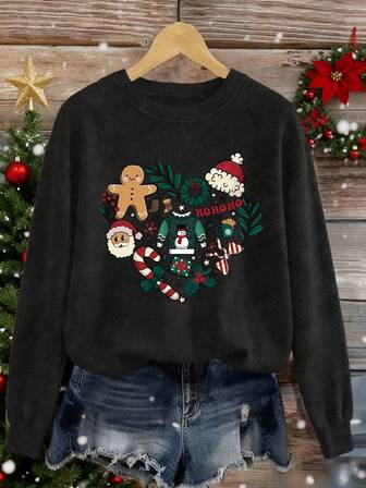 This Women's Christmas Heart-Print Round Neck Faux Wool Pullover Features Printed Patterns Of Gingerbread Men, Santa Claus, Santa Hats, Candy Canes, And Snowmen. It's A Casual And Cute Everyday Piece For The Christmas Season, A Comfortable And Versatile Faux Wool Top, And A Stylish Autumn/Winter Garment Suitable For Christmas Parties, Casual Wear At Home, And Commuting.