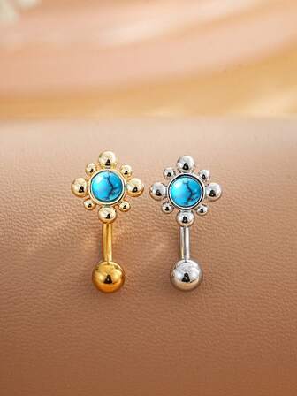 1pc Stainless Steel Reverse Belly Button Ring For Women, Cute Turquoise Inlaid Navel Piercing Jewelry, Suitable For Festivals
