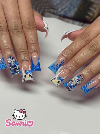  24PCS Duck Bill Nail False Nail Sanrio Blue Cute Hello Kitty DIY Planet Drill Three-Dimensional Colorful Flash Diamond Nail Art Cute Chrome Alloy Acrylic Press On The Nail Gel Nail Nail Supplies Nail Art Nail Set (Attached: A Piece Of Jelly Glue And File) Suitable For Women's Daily Date Party