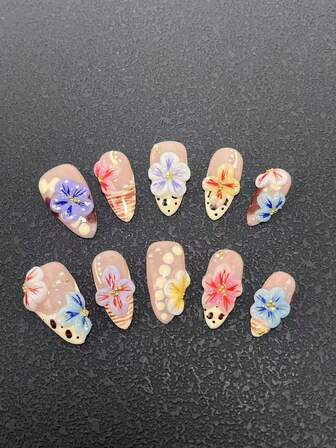 Juego de 10 piezas de uñas postizas de 2,5 cm de alto, hechas a mano con decoraciones de pétalos, estrellas de mar y cristales. Un kit de uñas con pegamento apto para mujeres y niñas, ideal para fiestas, vacaciones y uso diario. Accesorios para uñas, juegos de uñas acrílicas, que incluyen kits, arte de uñas prensado a mano, pegatinas de uñas falsas y productos para el cuidado de las uñas.