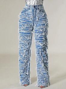 GLOURI Women's Y2K Fringed Ripped Jeans - High Waisted Light Wash Blue Wide Leg With Raw Hem & Distressed Tassel Details | Streetwear Denim For Casual, Daily & Party Outfits - Màu xanh lam - Xem 3