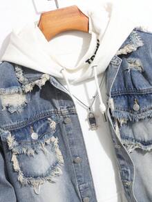 Vintage Washed Denim Jacket For Men, Unique Design With Frayed Edges, Short Workwear Jacket For Spring And Autumn - Bronze - View 3