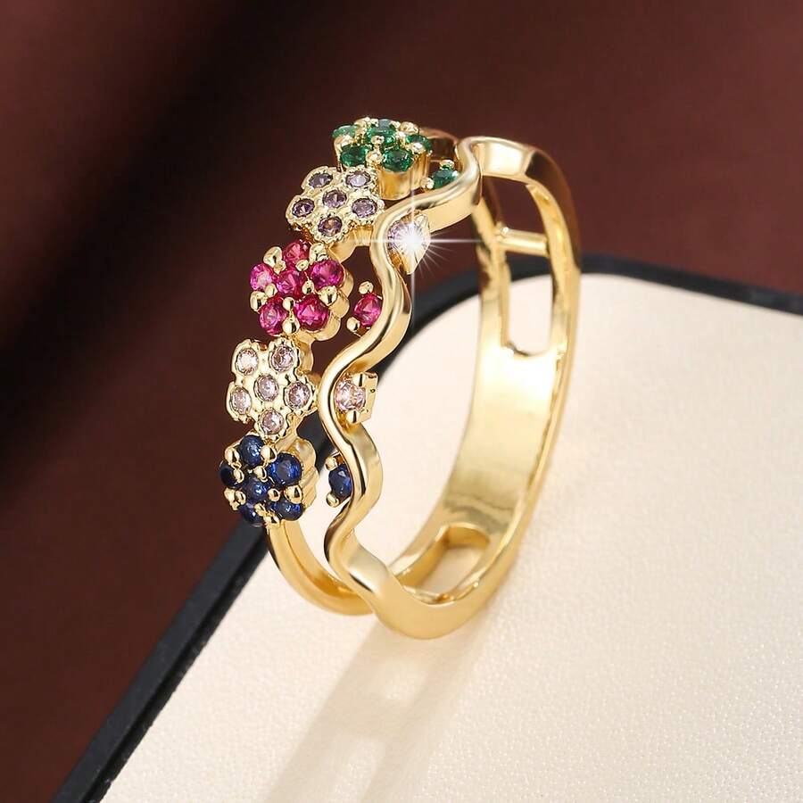 1pc Fashionable Ring For Women With Floral Design And Cubic Zirconia Stones - Multicolor - View 1