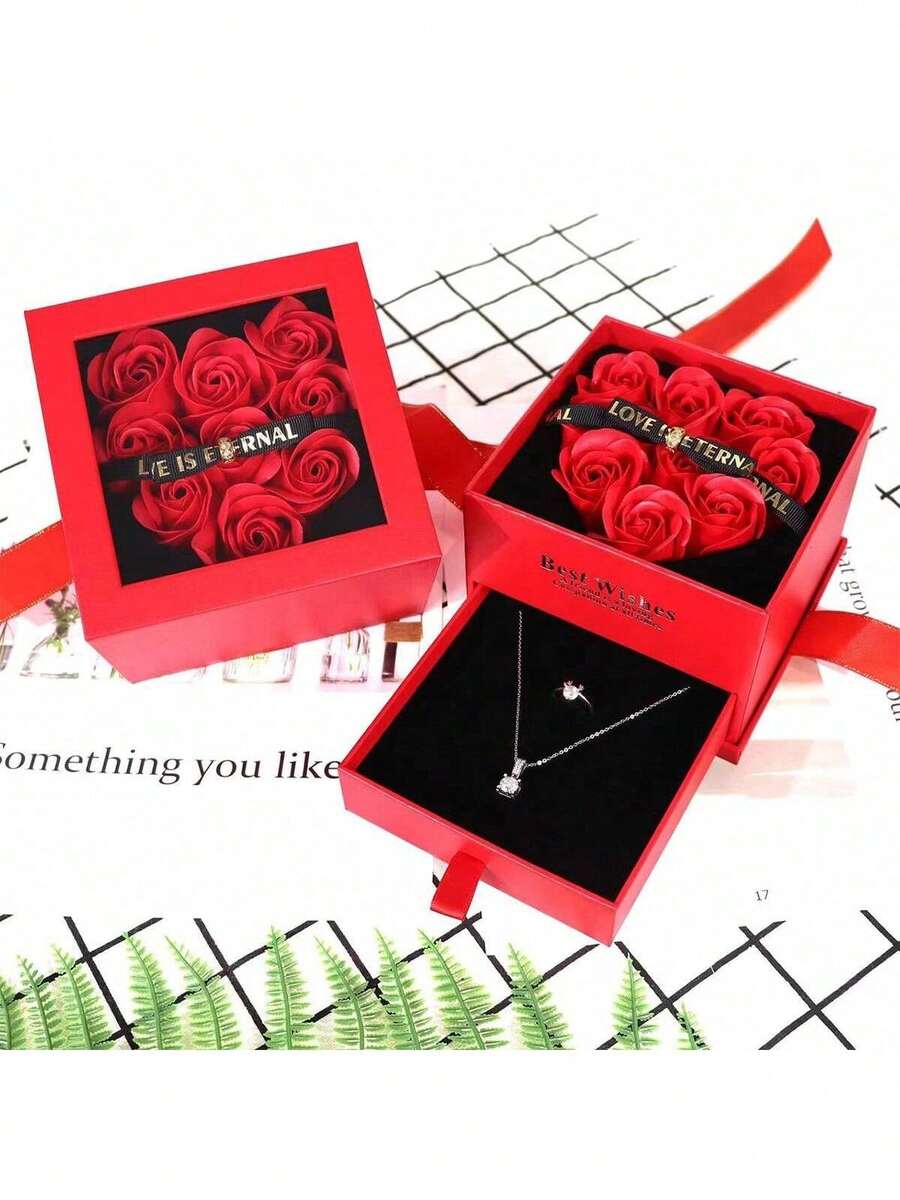 1套浪漫红色心形香皂花首饰盒，情人节礼物套装，包含耳环、项链和戒指。这款首饰盒非常适合情人节、母亲节、婚礼、求婚、告白等节日场合，也可作为派对礼物。*不含首饰* - 彩色 - 查看 1