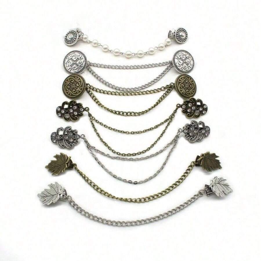 1pc Vintage Floral Chain Cardigan Clip, Women's Retro Tassel Button Shawl Collar Brooch, Gift For Valentine's Day, Mother's Day