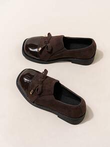 1 Pair Girls' Bowknot Patchwork Flat Heel Casual Shoes, Simple Design For Kids