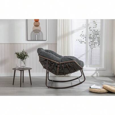 Silla mecedora de ratán para exteriores, silla reclinable con cojín acolchado para exteriores, para porche delantero, sala de estar, patio, jardín. 
 Blanco ZMXS