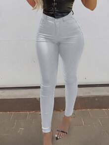 High Waist Button Slant Pocket PU Leather Elastic Skinny Pants, Casual Trousers For Music Festival, Party, Christmas, Halloween, Autumn/Winter Fall - Silver - View 4