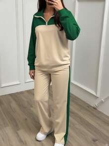 女士休闲两件套，Polo领宽松上衣搭配阔腿裤，适合春、秋、冬季穿着。 - 杏色+綠色36 - 查看 3