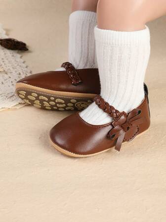 1 par de zapatos de tipo Mary Jane de unicolor para niñas, nuevo diseño de lazo tejido, zapatos de princesa adecuados para primavera y otoño