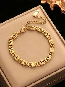 1 Set Fashionable Versatile Stainless Steel Chain Necklace + Bracelet Gold Color Jewelry Set, Suitable For Daily Wear And Gift - Yellow Gold - View 4