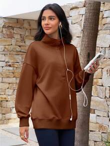 Fisoew Women's Oversized Sweatshirt Pullover - Long Sleeve Snap Button Henley Neck Loose Fit Top | Y2K Grunge, Clean Girl Aesthetic, Athleisure | Casual Fall Fashion - 咖啡 - 查看 5