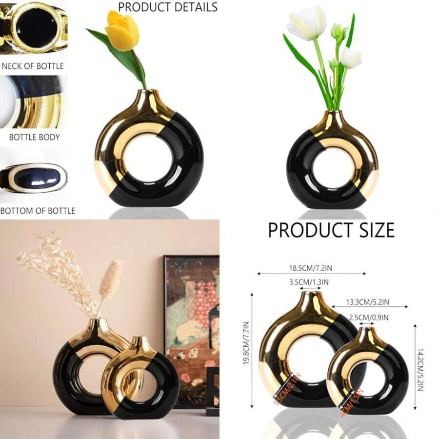 ml Jarrones De CerámicaFlorero Decorativo para Hogar Minimalista Moderno Fino Jarrones Redondos Utilizados en la Mesa de la Boda Fiesta Escritorio Sala de Estar Dormitorio de Oficina Oro negro-S10101 - oronegro - Ver 1