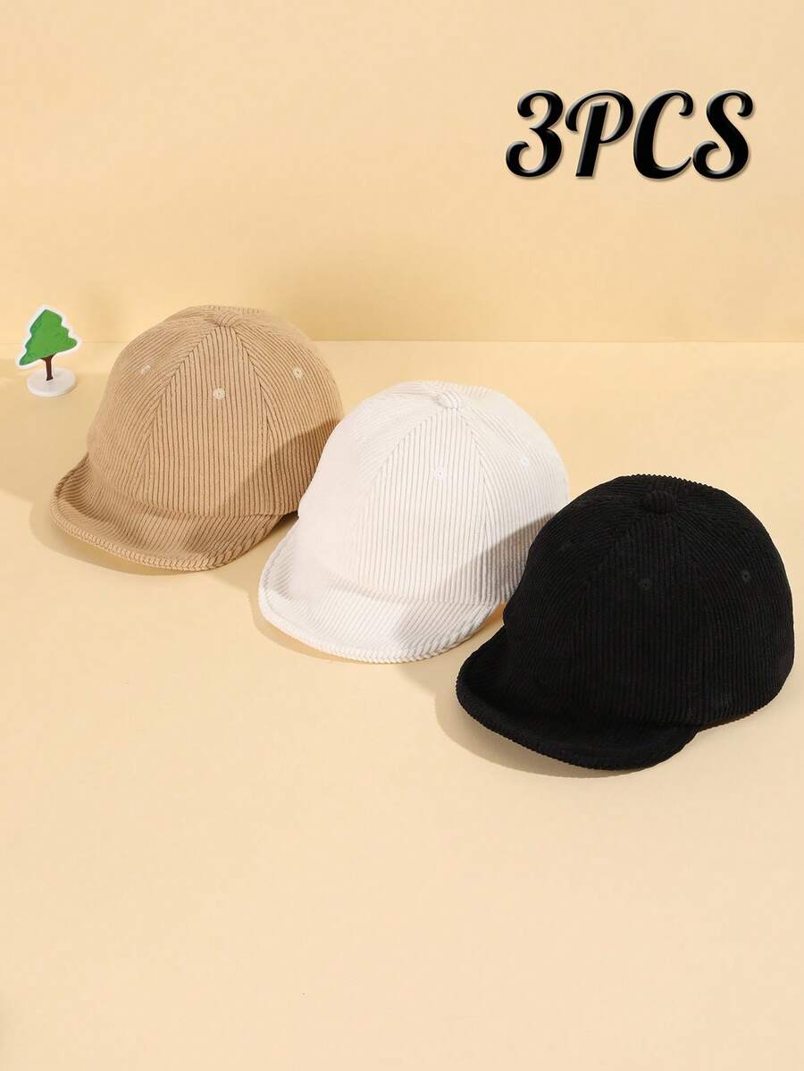 3件套婴儿简约纯色灯芯绒防晒帽/棒球帽，适合男孩女孩日常佩戴 - 3Pcs Black+White+Khaki - 查看 1
