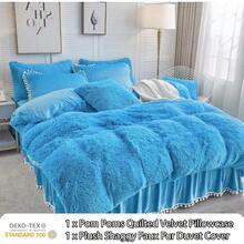 Luxury Plush Shaggy Duvet Cover Set Soft Velvet Fluffy Duvet Cover Furry Bedding Comforter Set 1 Faux Fur Fuzzy Duvet Cover + 1 Pompoms Pillow Case Zipper Closure(Twin/Twin XL Blue) - Blue - View 3
