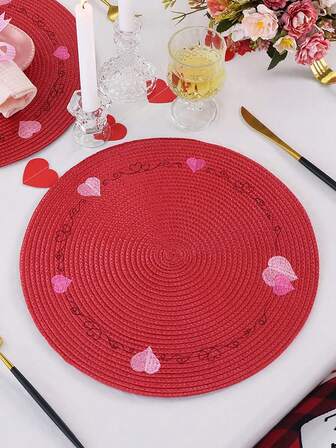 1/2pcs Valentine's Day Round Placemats - Red Heart Linen Table Mats Suitable For Wedding, Valentine's Day, Birthday Party Decorations - Hand Washable Romantic Dinner Party Supplies, Bridal Table & Home Table Decorations