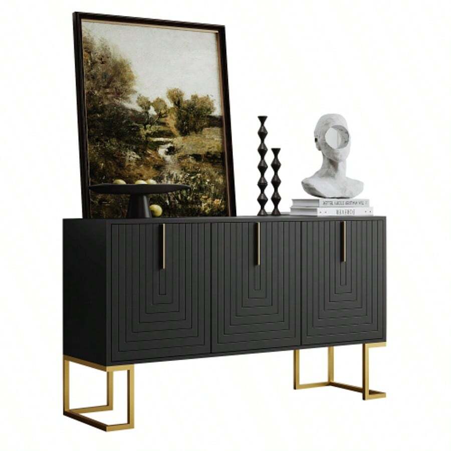 Modern 3-Door Sideboard With Adjustable Shelves, U-Shaped Cabinet Doors, Metal Handles And Base For Dining Room And Kitchen (Navy Blue) - 黑色 - 查看 1